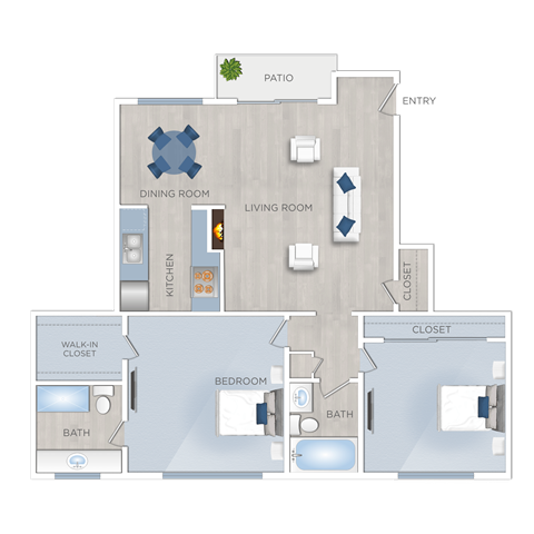 Floor plan for 2 beds, 2 baths